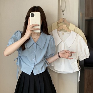 เสื้อเชิ้ต ตัวสั้น สีขาว แฟชั่นฤดูร้อน สไตล์ฝรั่งเศส สําหรับผู้หญิง