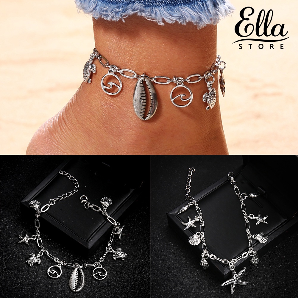 ellastore123-สร้อยข้อเท้า-รูปเปลือกหอย-ปลาดาว-เต่าทะเล-ชายหาด-แฟชั่นสําหรับผู้หญิง