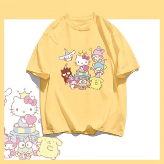 หล่อ hello kitty ฤดูร้อนใหม่เสื้อยืดผ้าฝ้ายผู้หญิงแขนสั้นการ์ตูนเสื้อครึ่งแขน Unisex