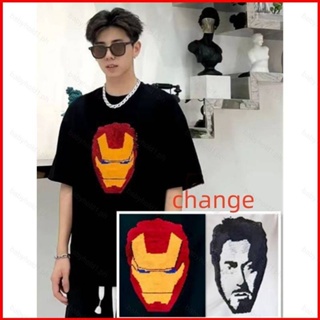 เสื้อยืด คอกลม ทรงหลวม ประดับเลื่อม ลาย Iron Man Spider-Man สองสี แฟชั่นฤดูร้อน