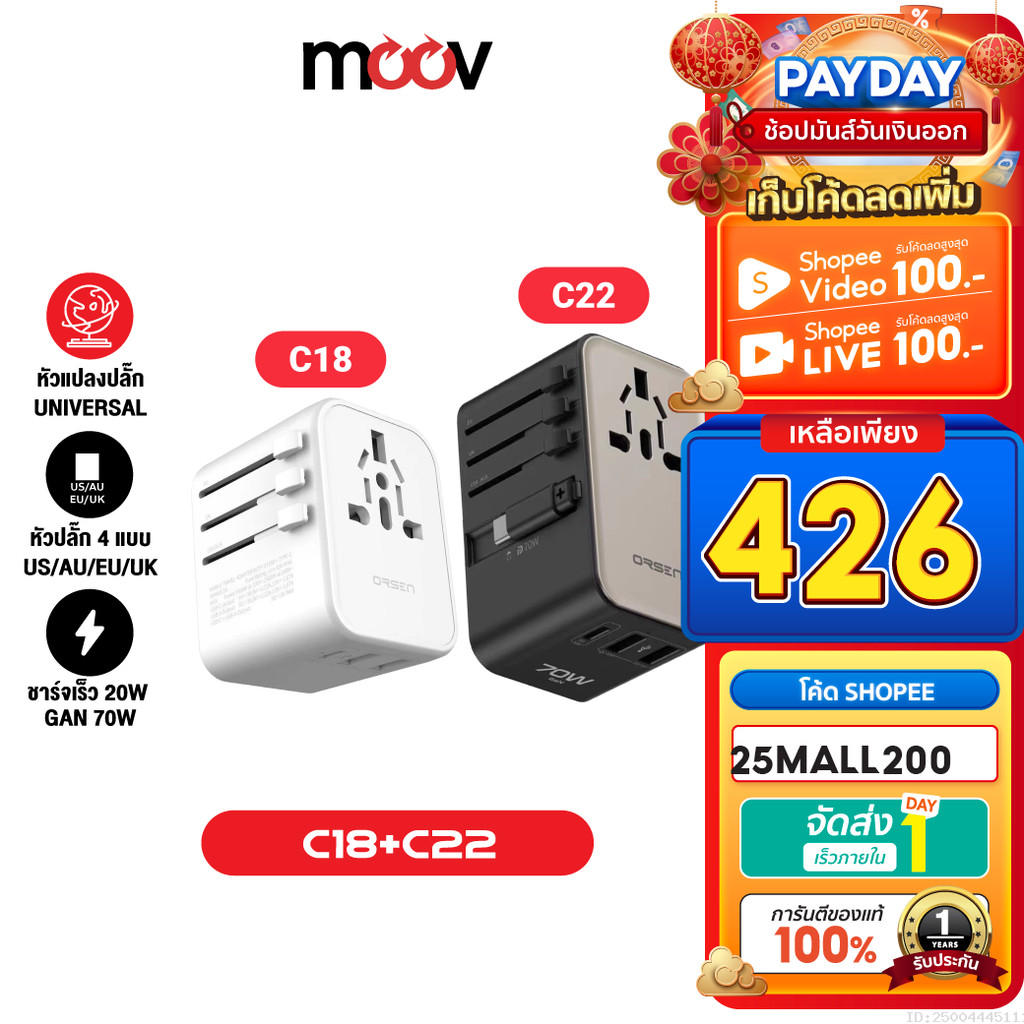[426บ. ลดแรง] Orsen by Eloop C18 C22 หัวแปลงปลั๊กไฟ 20W และ GaN 70W ...