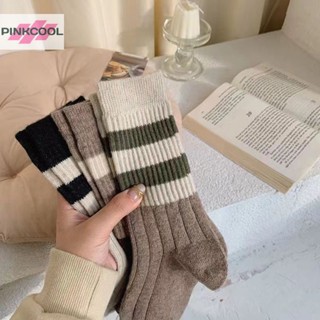 Pinkcool ถุงเท้ายาว ผ้าวูล แบบหนา ระบายอากาศ ให้ความอบอุ่น ลายทาง แฟชั่นฤดูหนาว สําหรับผู้หญิง และผู้ชาย