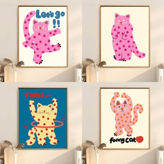 ภาพวาดจิตรกรรมฝาผนัง รูปการ์ตูนแมวน่ารัก สีชมพู สําหรับแขวนตกแต่งห้องนอน ทางเข้า ประตู ระเบียง ข้างเตียง