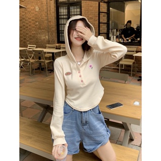 8591# Cotton Beige Long Sleeve Hoodie New design sense niche short top