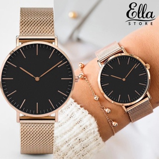 Ellastore123 นาฬิกาข้อมือควอตซ์ สายสเตนเลส หน้าปัดกลม ป้องกันสนิม หรูหรา สําหรับผู้หญิง