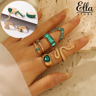 Ellastore123 แหวนมรกตปลอม รูปหัวใจ หรูหรา สไตล์วินเทจ สําหรับผู้หญิง 5 ชิ้น ต่อชุด