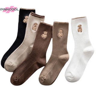 Pinkcool ถุงเท้าปักลายหมีน่ารัก ตลก สไตล์ญี่ปุ่น สีพื้น สําหรับผู้หญิง ขายดี