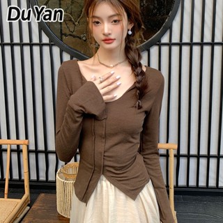 Du Yan ใหม่ เสื้อยืด คอวี แขนยาว เปิดไหล่ ทรงสลิมฟิต สําหรับผู้หญิง