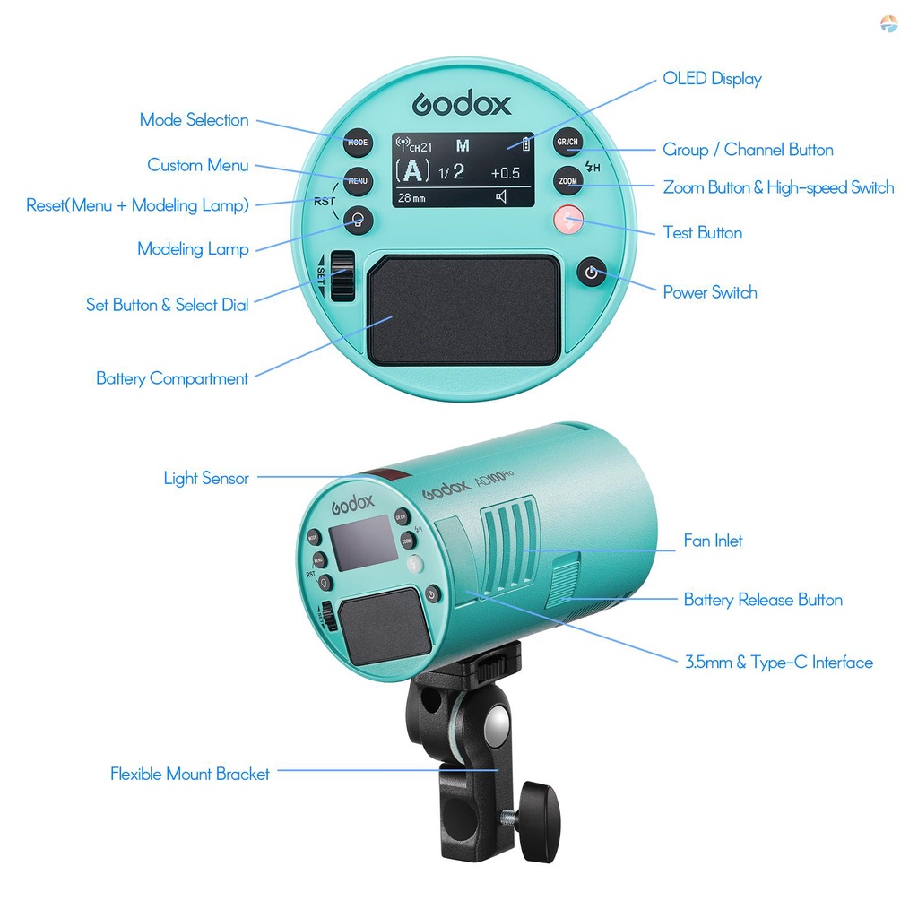 fsth-godox-ad100pro-โคมไฟแฟลชถ่ายภาพสตูดิโอ-หน้าจอ-oled-5800k-1-8000s-sync-ttl-multi-m-flash-ระบบไร้สาย-2-4g-x-ในตัว-5-กลุ่ม-32-ช่องทาง