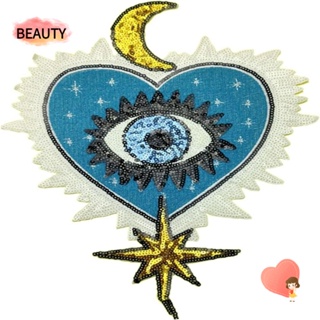 Beauty แผ่นแพทช์ลูกปัด รูปดวงตาปีศาจ หัวใจ ขนาดใหญ่ 8.27 * 11.02 นิ้ว สีฟ้า สําหรับทํากระเป๋า