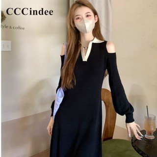 Cccindee ใหม่ ชุดเดรสลําลอง แขนยาว คอปกโปโล เข้ารูป สีตัดกัน แฟชั่นสําหรับสตรี 2023