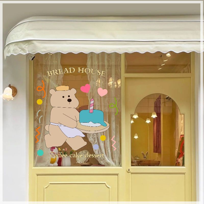 สติกเกอร์-ลายการ์ตูนหมีน่ารัก-แบบสร้างสรรค์-สําหรับตกแต่งกระจก-ประตู-หน้าต่าง-ร้านชานม