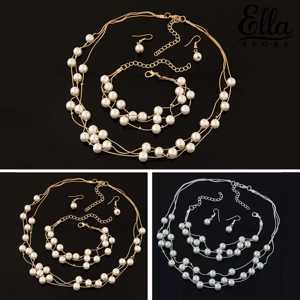 ellastore123-ชุดเครื่องประดับ-สร้อยคอ-สร้อยข้อมือ-ต่างหู-ประดับมุกเทียม-หลายชั้น-ปรับได้-น้ําหนักเบา-สําหรับผู้หญิง