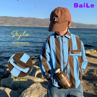 [Baile Little Forest] เสื้อแจ็กเก็ต ผ้าฝ้าย ลายทาง ขนาดใหญ่ แฟชั่นฤดูใบไม้ผลิ และฤดูใบไม้ร่วง สําหรับเด็กผู้ชาย