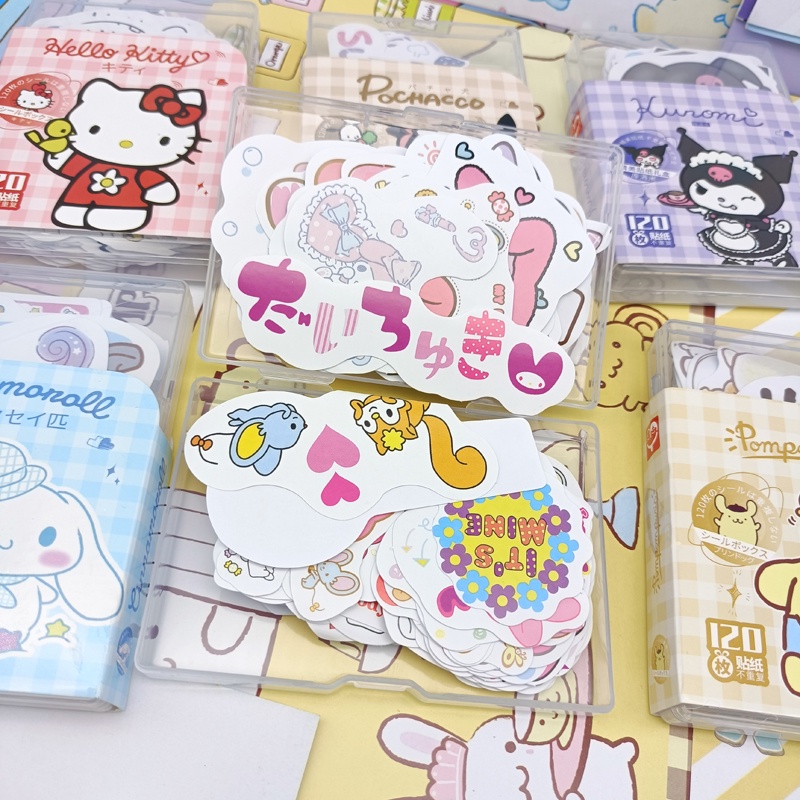 sanrio-kuromi-cinnamoroll-สติกเกอร์-pvc-ลาย-hello-kitty-กันน้ํา-diy-สําหรับติดตกแต่งสมุด-120-ชิ้น-ต่อชุด