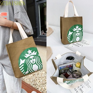 Daishen1 กระเป๋าถือ ผ้าแคนวาส พิมพ์ลาย Starbucks แบบพกพา สไตล์เกาหลี สําหรับใส่กล่องอาหารกลางวัน