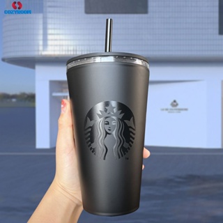 Starbucks Tumbler ถ้วยทุเรียน แก้วกาแฟ แก้วน้ำพลาสติก Frosted Double Layer Matte Black Straw Mug cynthia