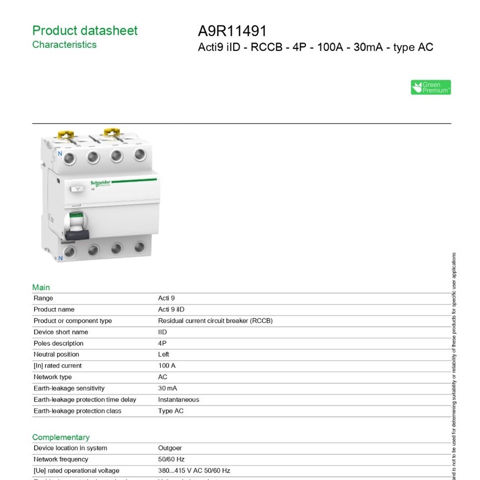 Schneider Acti9 iID RCCB 4P 100A 30mA type AC (ป้องกันไฟดูด ไฟรั่ว ...
