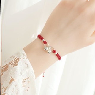 สร้อยข้อมือเงินสเตอร์ลิง S925 จี้กระดิ่ง สีแดง เรียบง่าย สไตล์เกาหลี สําหรับผู้หญิง 7QST