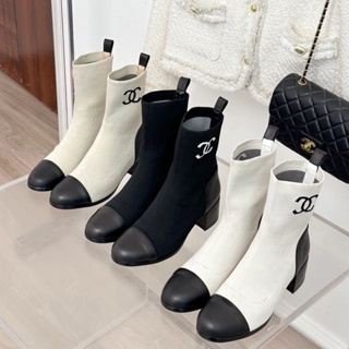 Chane * Chanel 23S รองเท้าบูท หนังวัวแท้ ส้นหนา ข้อสั้น แฟชั่นฤดูใบไม้ร่วง ฤดูหนาว สําหรับผู้หญิง