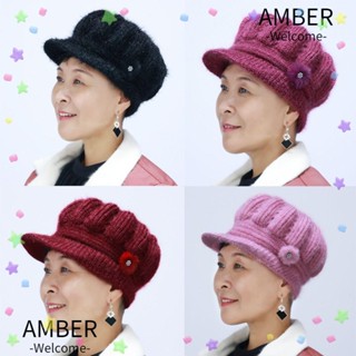 Amber หมวกถักไหมพรม หนังกลับ ลายดอกไม้ กันลม ให้ความอบอุ่น เหมาะกับฤดูใบไม้ร่วง และฤดูหนาว