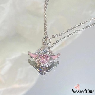 Blessedtime- สร้อยคอโซ่ จี้คริสตัล รูปปีกหัวใจ สีชมพู เครื่องประดับ สําหรับผู้หญิง และเด็กผู้หญิง ของขวัญวันเกิด