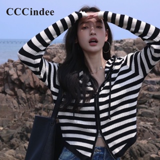 Cccindee เสื้อคาร์ดิแกนแขนยาวลําลอง ทรงหลวม แต่งซิป ลายทาง เข้ากับทุกการแต่งกาย แฟชั่นสําหรับสตรี 2023