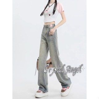 Crystal กางเกงขายาว กางเกงยีสน์ผู้หญิง ทรงหลวม ๆ ตรง Retro Hip Hop Pants 2023 NEW Style WNK23906FS 37Z230911