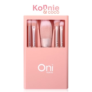 Oni Macaron Portable Makeup Brush Set With Mirror 5pcs #Sakura Pink เซทแปรงแต่งหน้าสีชมพูซากุระ 5 ชิ้น มีกระจกในตัว.