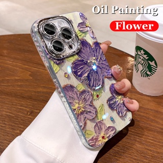 เคสโทรศัพท์มือถือแบบนิ่ม กันกระแทก ลายภาพวาดสีน้ํามัน รูปดอกไม้ ประดับกลิตเตอร์ แนวเรโทร สําหรับ IPhone 15 Pro Max 12 13 14 Pro Max