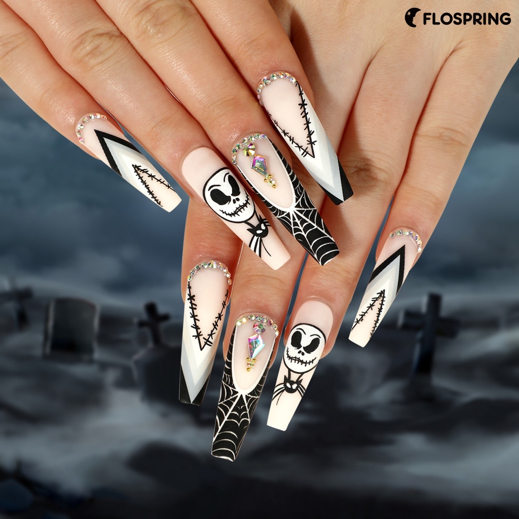 flospring-เล็บปลอม-พิมพ์ลายหัวกะโหลก-ประดับเพชรเทียม-diy-1-ชุด