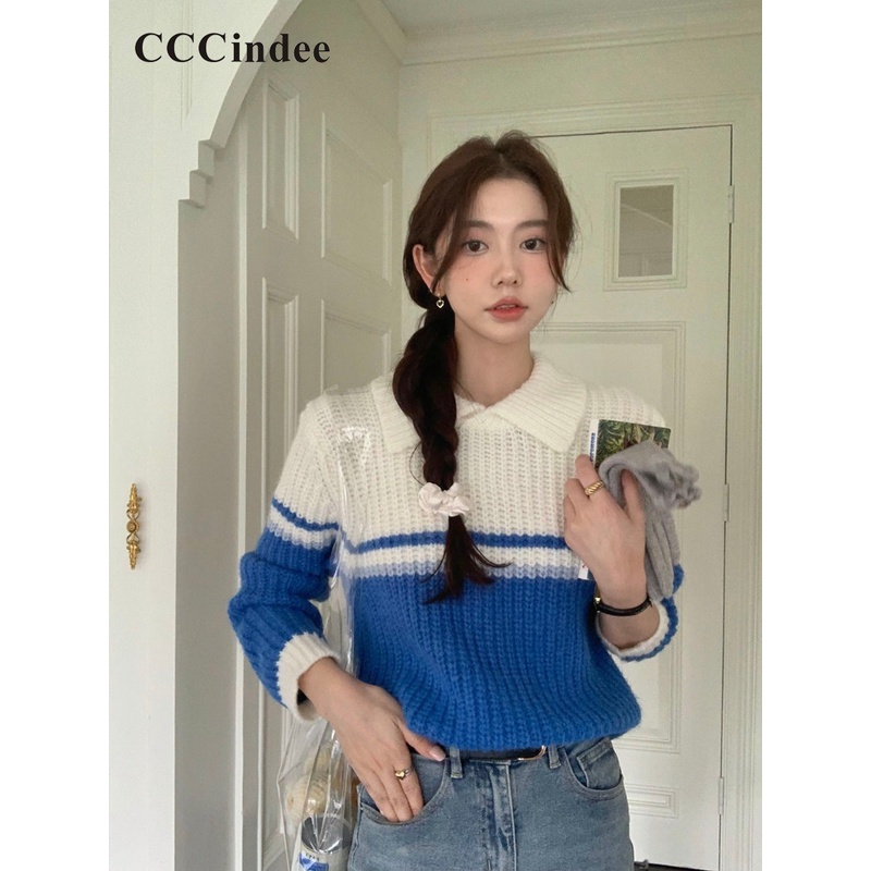 cccindee-ใหม่-เสื้อกันหนาวลําลอง-แขนยาว-คอปก-เข้ารูป-ติดกระดุม-สีตัดกัน-แฟชั่นสําหรับสตรี-2023