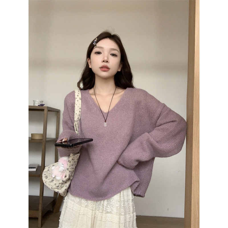 เสื้อกันหนาวแขนยาว-คอวี-สีพื้น-เข้ากับทุกการแต่งกาย-สไตล์เกาหลี