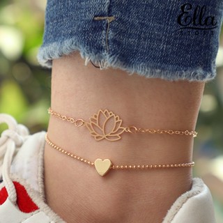 Ellastore123 สร้อยข้อเท้าโซ่ สองชั้น รูปดอกบัว หัวใจ ปรับได้ เครื่องประดับ สําหรับผู้หญิง 2 ชิ้น ต่อชุด