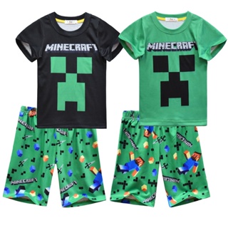 Minecraft ชุดเสื้อยืดแขนสั้น ผ้าฝ้าย สไตล์สปอร์ต สําหรับเด็กผู้ชาย และเด็กผู้หญิง 2 ชิ้น