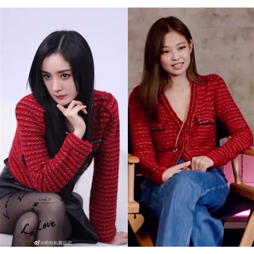 เสื้อแจ็กเก็ตคาร์ดิแกน-คอวี-ผ้าถัก-ตัวสั้น-ลาย-jennie-jin-zhini-yang-mi-star-สีแดง-สําหรับผู้หญิง-2023