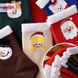 Pinkcool ถุงเท้า ผ้าฝ้ายนุ่ม พิมพ์ลายซานตาคลอส คริสต์มาส หิมะ น่ารัก อบอุ่น สําหรับเด็กผู้หญิง 1 คู่