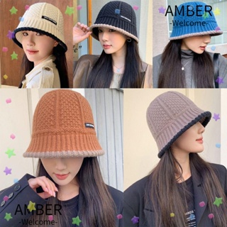 Amber หมวกถัก อเนกประสงค์ ให้ความอบอุ่น แฟชั่นฤดูใบไม้ร่วง ฤดูหนาว ปีกกว้าง หมวก Fedora ย้อนยุค หนา กันความเย็น หมวกอ่างล้างหน้า ในร่ม กลางแจ้ง