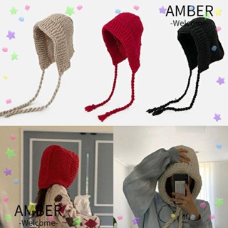 Amber หมวกถักไหมพรม ป้องกันหู สีแดง แฟชั่นฤดูใบไม้ร่วง ฤดูหนาว สําหรับผู้หญิง