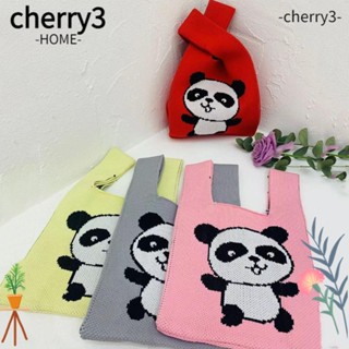 Cherry3 กระเป๋าถือ ผ้าถัก ความจุสูง ลายการ์ตูนแพนด้า แฟชั่น สําหรับนักเรียน