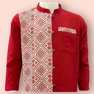 #เสื้อผ้าฝ้ายพิพม์ลายขิด-ชายแขนยาว#สีแดง