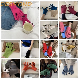 Desmond ถุงมือผ้าถัก แบบเต็มนิ้ว ให้ความอบอุ่น กันลม ขนปุย หนา สีพื้น แฟชั่นฤดูหนาว สําหรับผู้หญิง