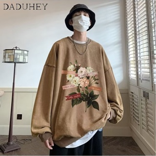 DaDuHey🔥 2023 New Spring and Autumn Hong Kong Style Loose Personalized Printing Long Sleeve Top Mens Ins Retro Fashion Brand All-Matching Washed round Neck Sweater