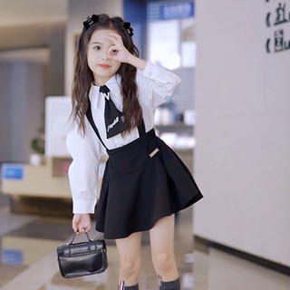 Girl strap skirt autumn suit 2023 new fashionable foreign style little girl shirt big boy college style two sets