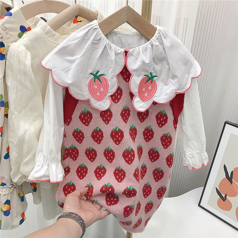 2023-spring-new-korean-childrens-wear-girls-lovely-strawberry-lapel-shirt-foreign-style-knitted-vest-dress-trend