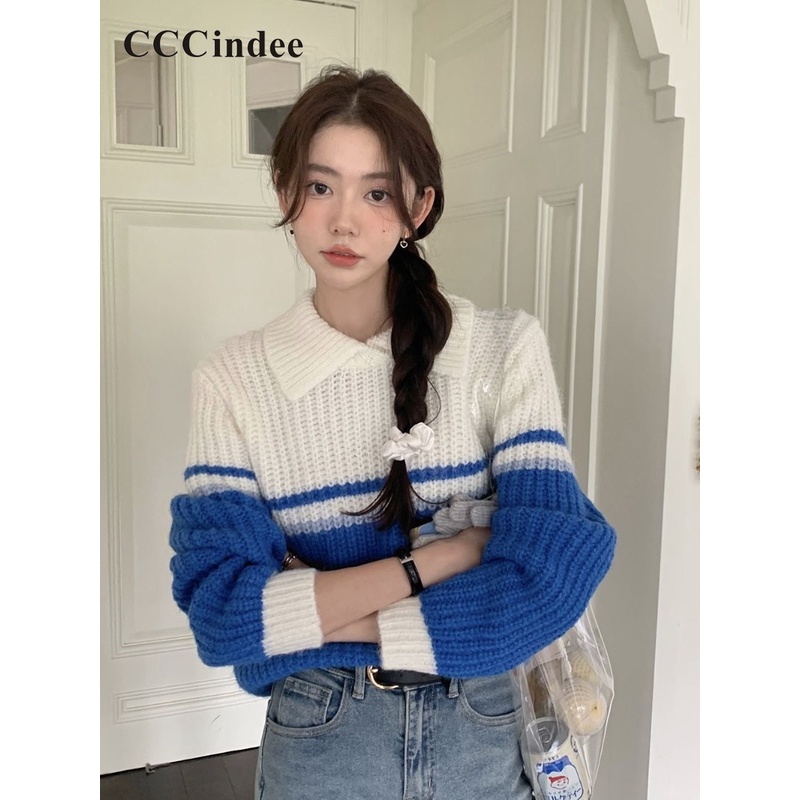 cccindee-ใหม่-เสื้อกันหนาวลําลอง-แขนยาว-คอปก-เข้ารูป-ติดกระดุม-สีตัดกัน-แฟชั่นสําหรับสตรี-2023