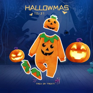 【Halloween】ชุดรอมเปอร์ แขนยาว ลายฟักทองฮาโลวีน พร้อมหมวก สําหรับเด็กผู้ชาย ผู้หญิง อายุ 0-3 ปี