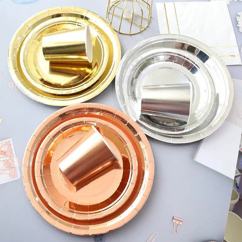 10pcs party tableware set golden silver rose gold disposable paper ...
