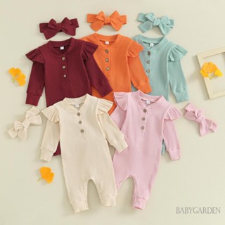 Baga- ชุดจั๊มสูท คอกลม แขนยาว สีพื้น พร้อมที่คาดผม สําหรับเด็กผู้หญิง