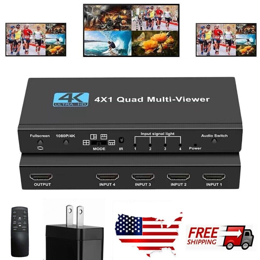 New 4K HDMI 4X1 Quad MultiViewer 4 IN 1 Out Multi Screen Switcher HDMI